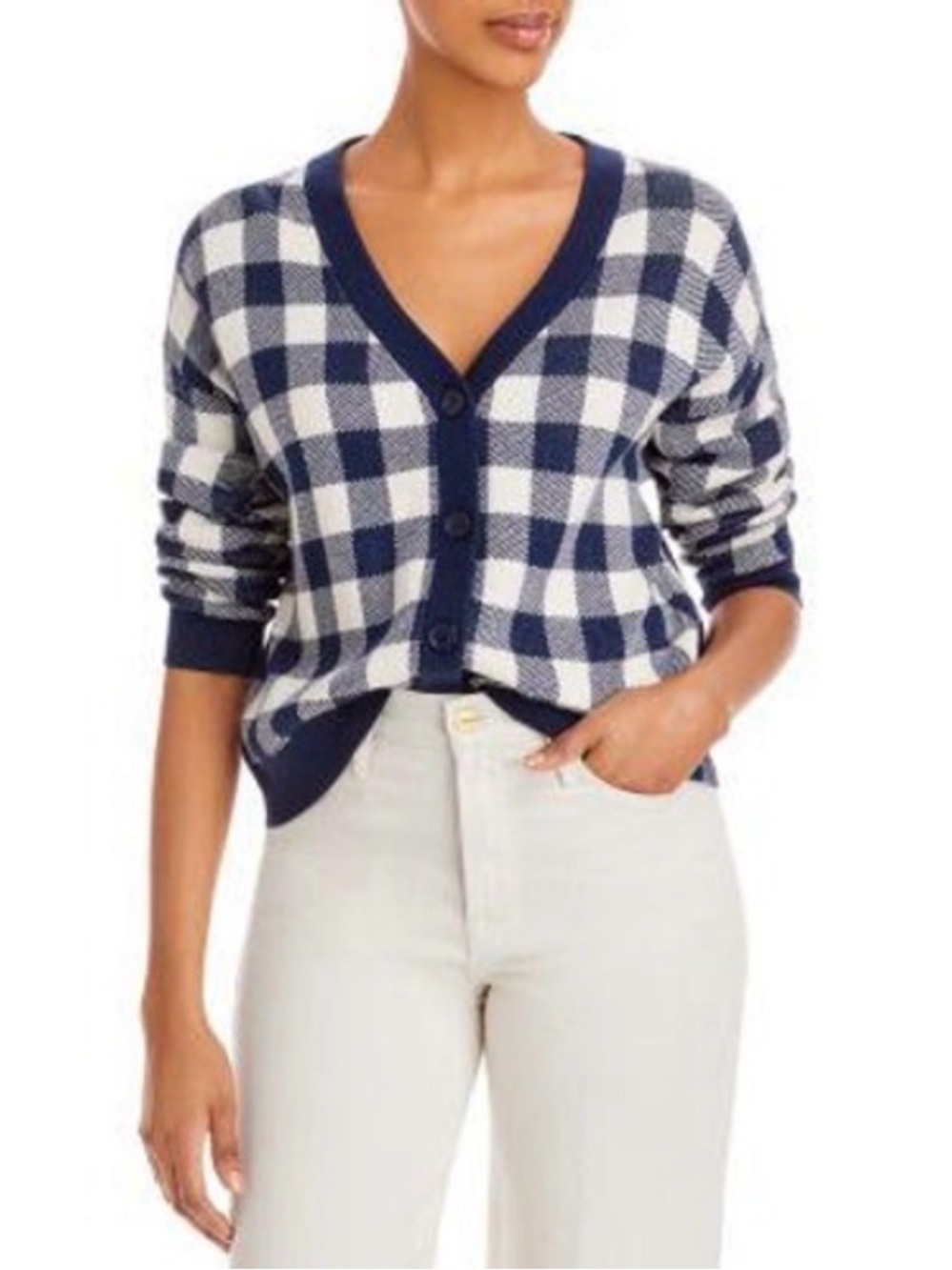 KULE Navy and White Plaid Cotton Cardigan